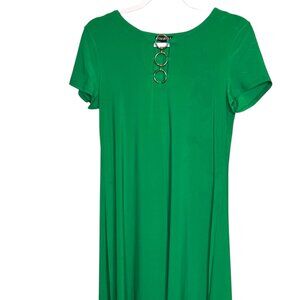 Roz & Ali Shamrock Green Dress w/Silver Metal Rings, Knee-Length, Size Small